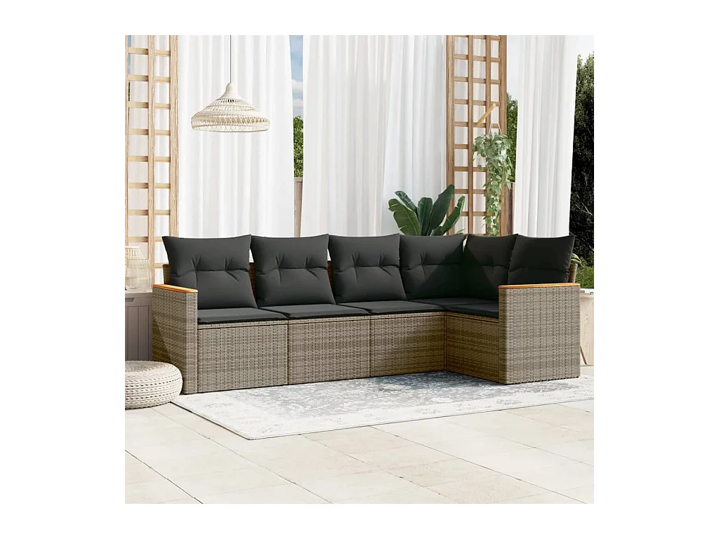 Salon de jardin 5 pièces avec coussins gris résine tressée