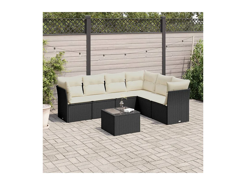 Salon de jardin 7 pièces avec coussins noir résine tressée