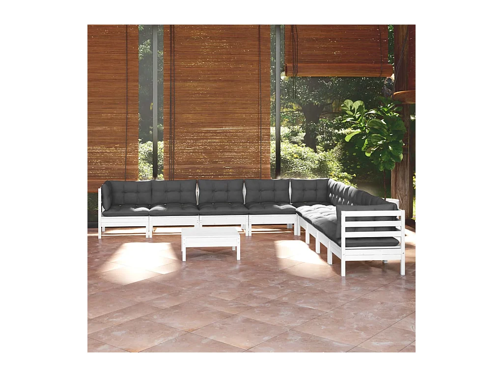 Salon de jardin 10 pièces avec coussins blanc bois de pin solide