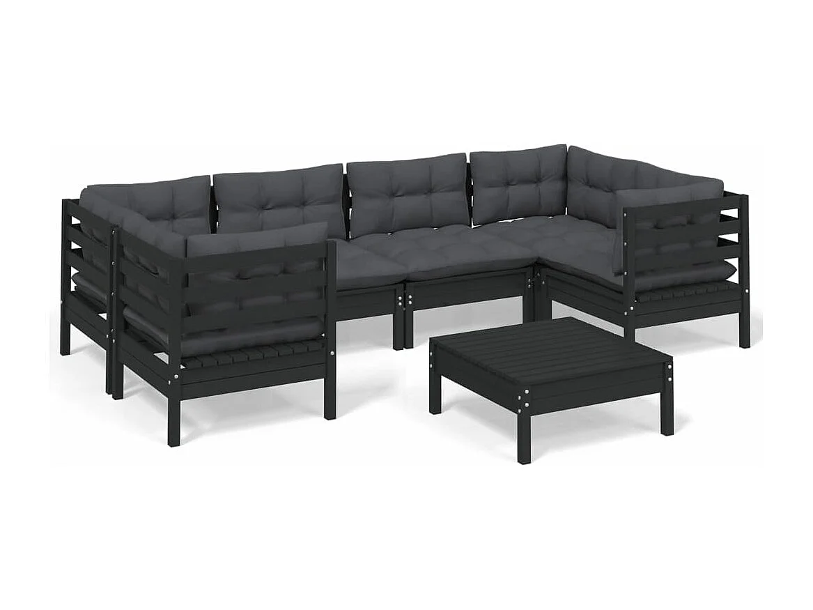 Muebles de jardín 7 piezas con cojines negro madera de pino