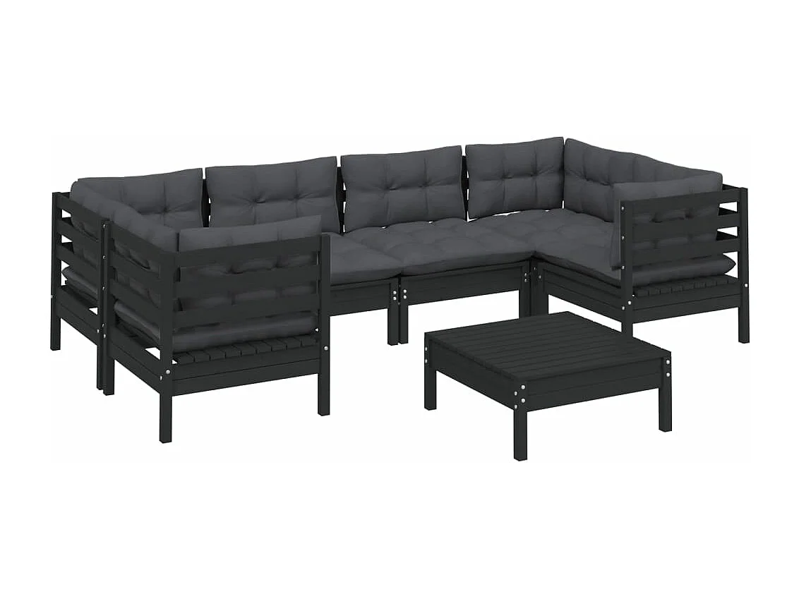 Muebles de jardín 7 piezas con cojines negro madera de pino