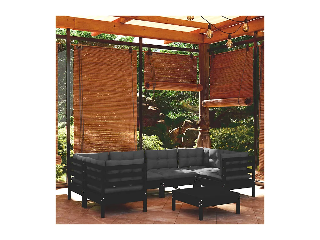 Salon de jardin 7 pièces avec coussins Noir Bois de pin