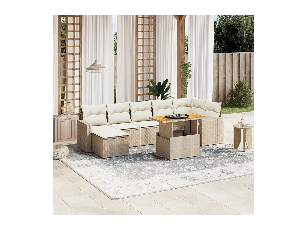 8 peças conjunto de sofás p/ jardim com almofadões vime PE bege