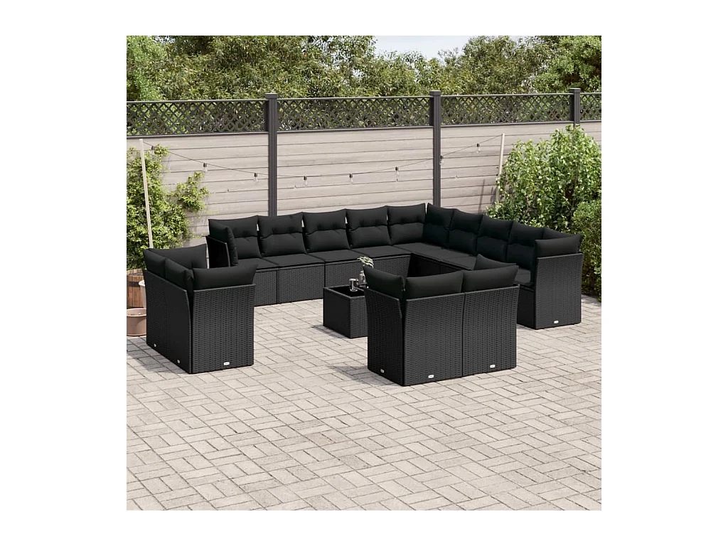 Salon de jardin avec coussins 14 pièces noir résine tressée
