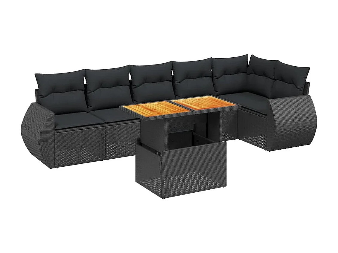 7-delige Loungeset met kussens poly rattan zwart