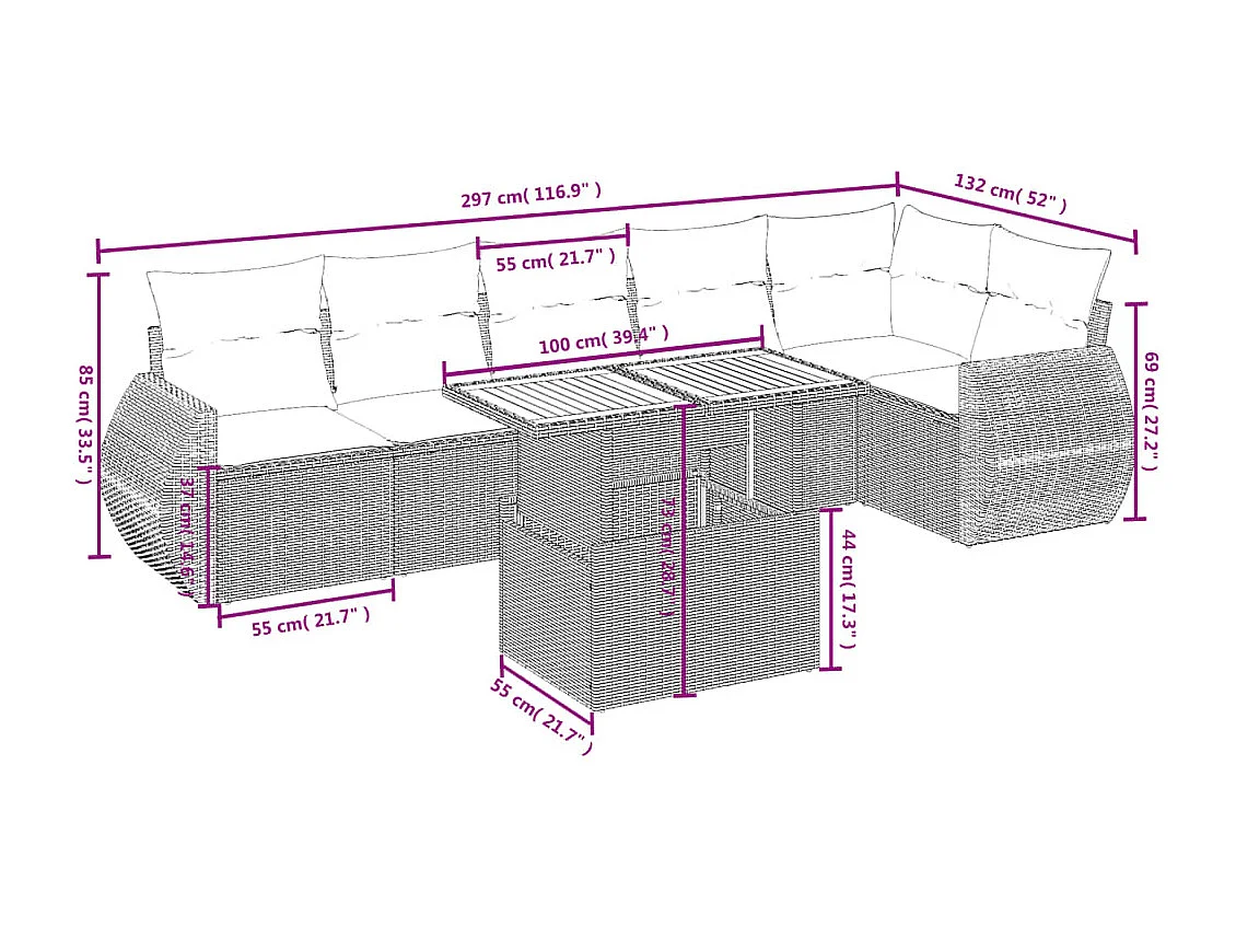 7-delige Loungeset met kussens poly rattan zwart