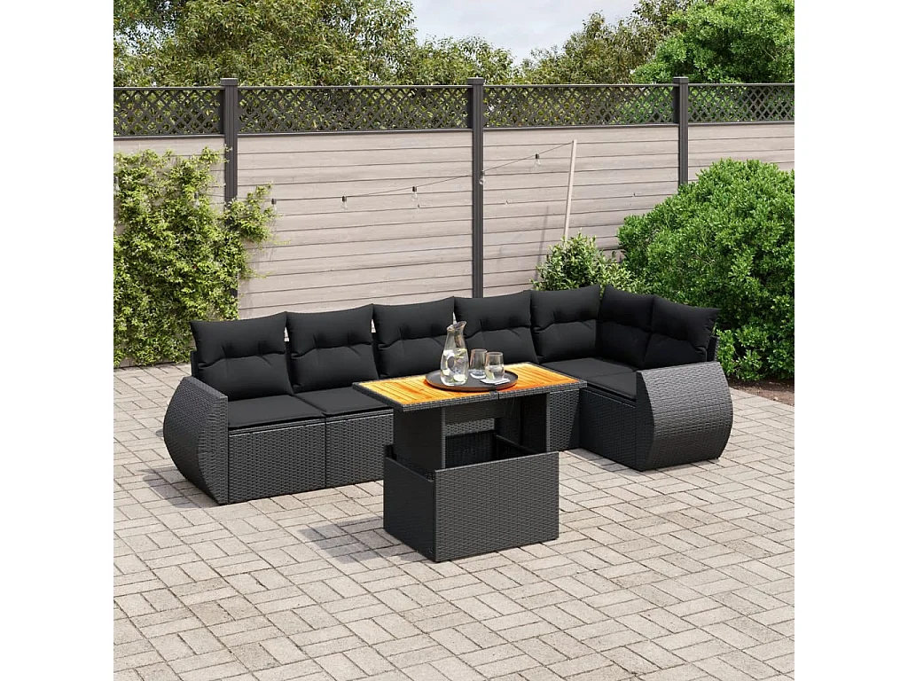 Salon de jardin 7 pièces avec coussins noir résine tressée