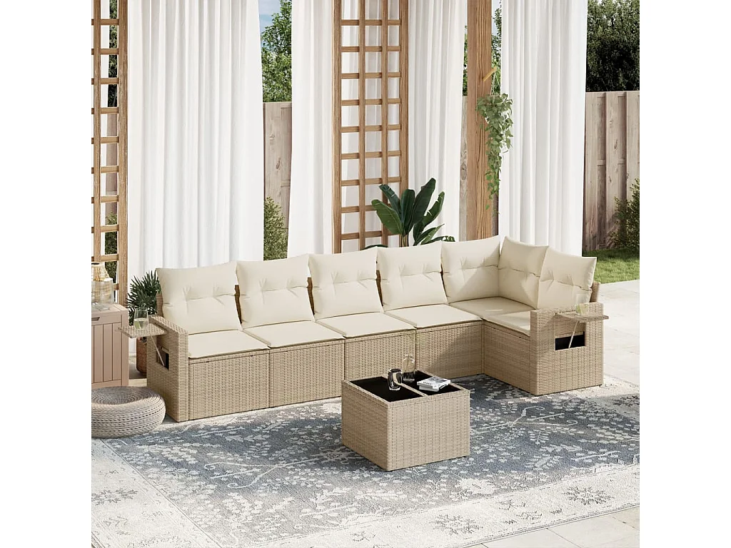 Set sofás de jardín 7 piezas y cojines ratán sintético beige