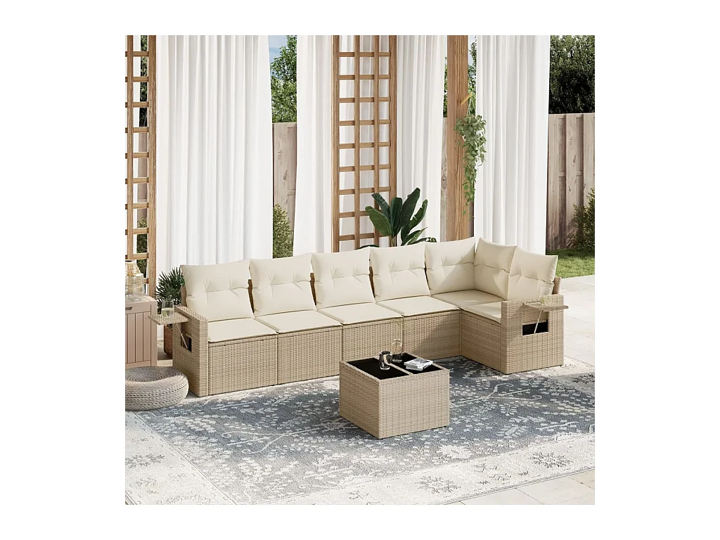 Salon de jardin avec coussins 7 pièces beige résine tressée