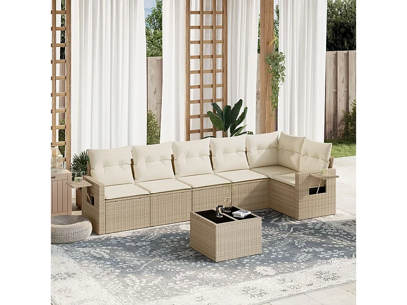 Salon de jardin avec coussins 7 pièces beige résine tressée