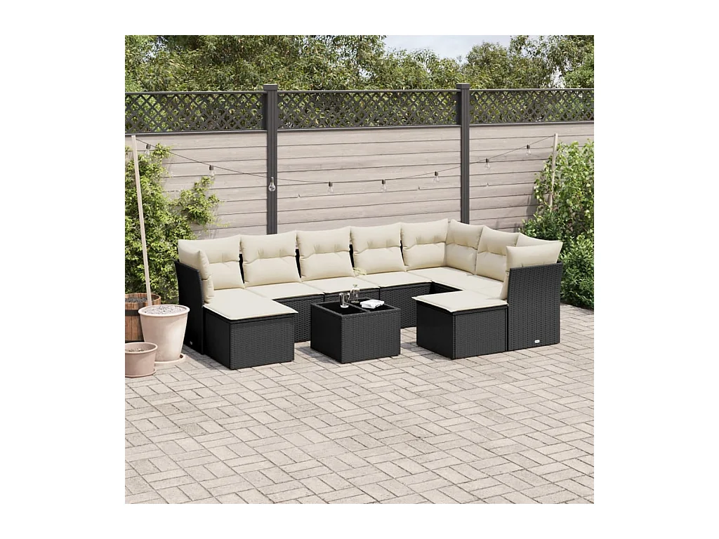 10 peças conjunto sofás de jardim c/ almofadões vime PE preto