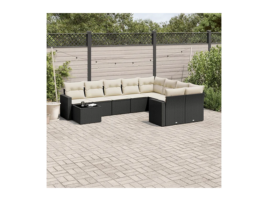 10-delige Loungeset met kussens poly rattan zwart