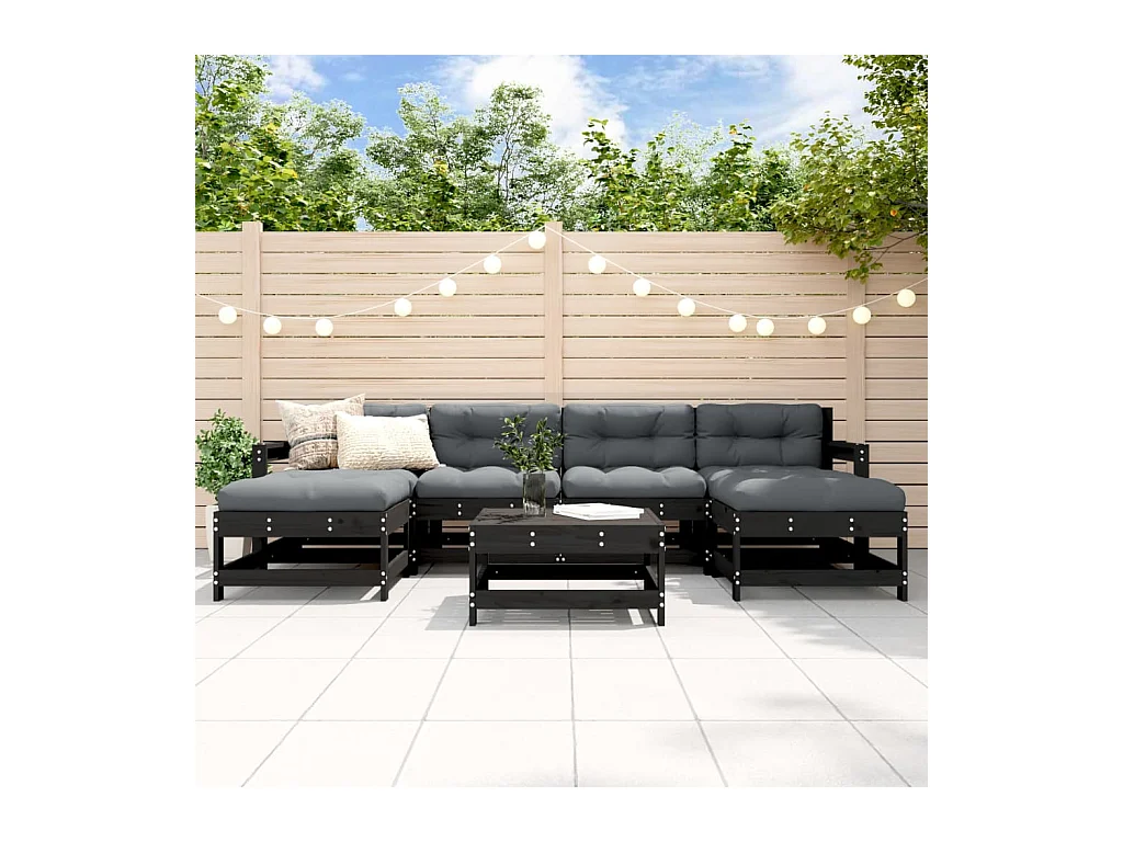 Salon de jardin 7 pièces avec coussins noir bois massif