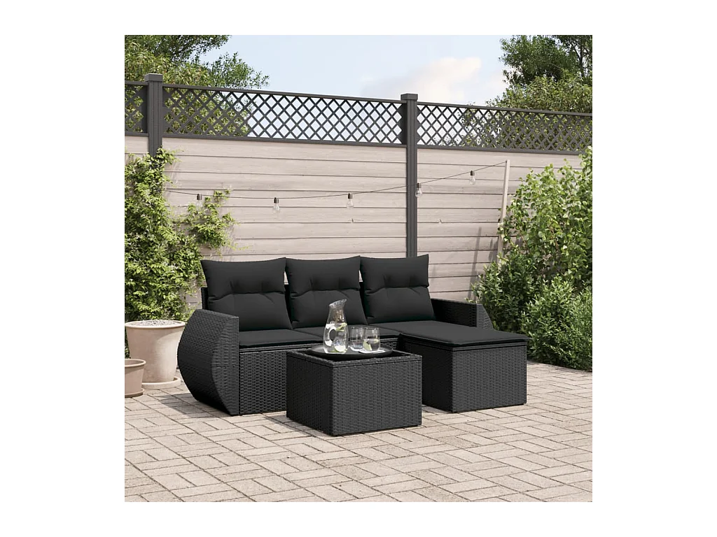 Salon de jardin 5 pièces avec coussins noir résine tressée