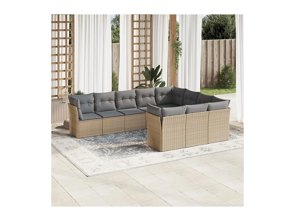 Salon de jardin avec coussins 10 pièces beige résine tressée