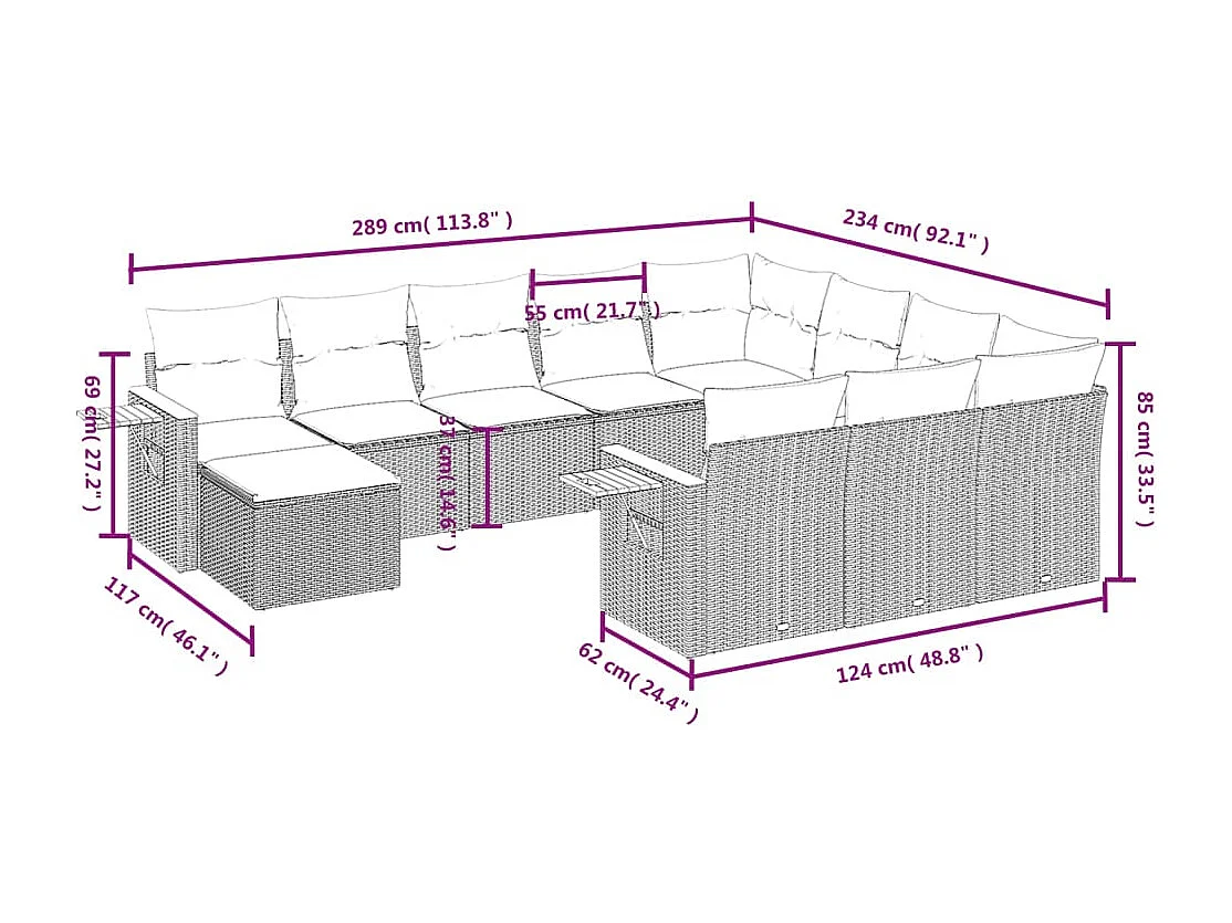 Set de sofás de jardín 11piezas con cojines ratán sintético beige