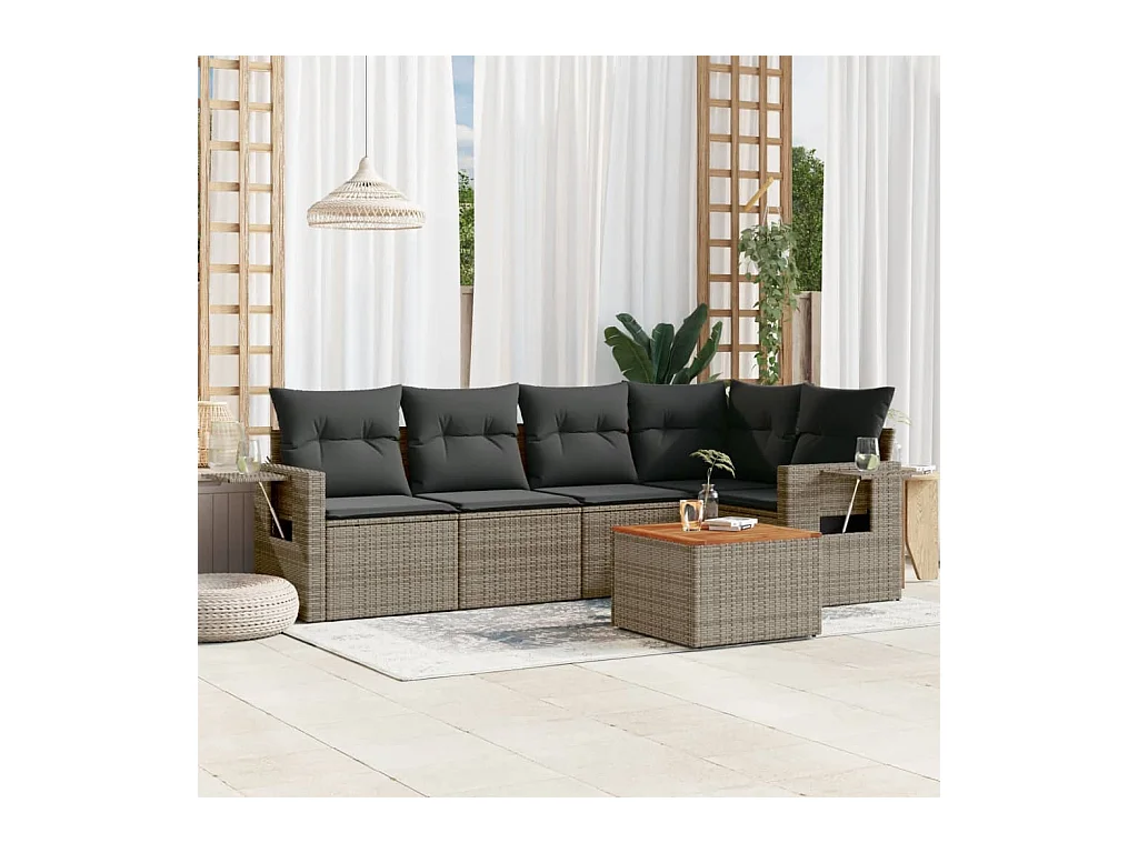 Salon de jardin 6 pièces avec coussins gris résine tressée