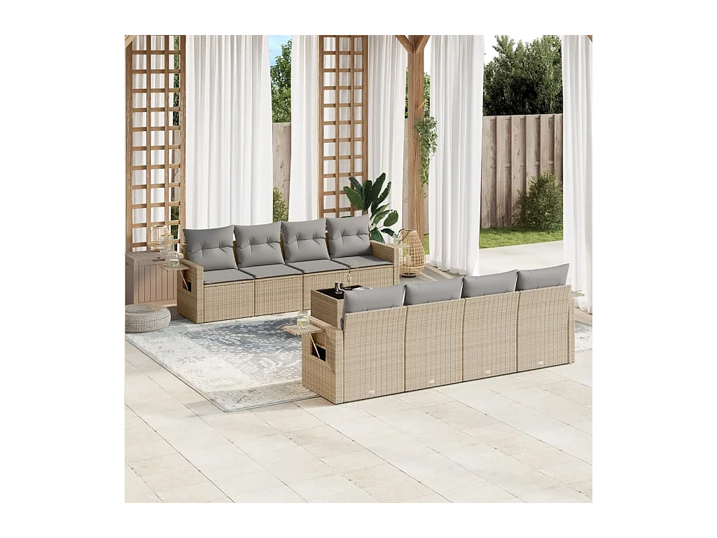 Salon de jardin avec coussins 9 pièces beige résine tressée
