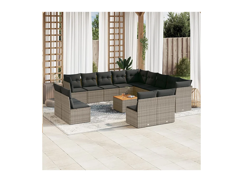 Salon de jardin avec coussins 14 pièces gris résine tressée