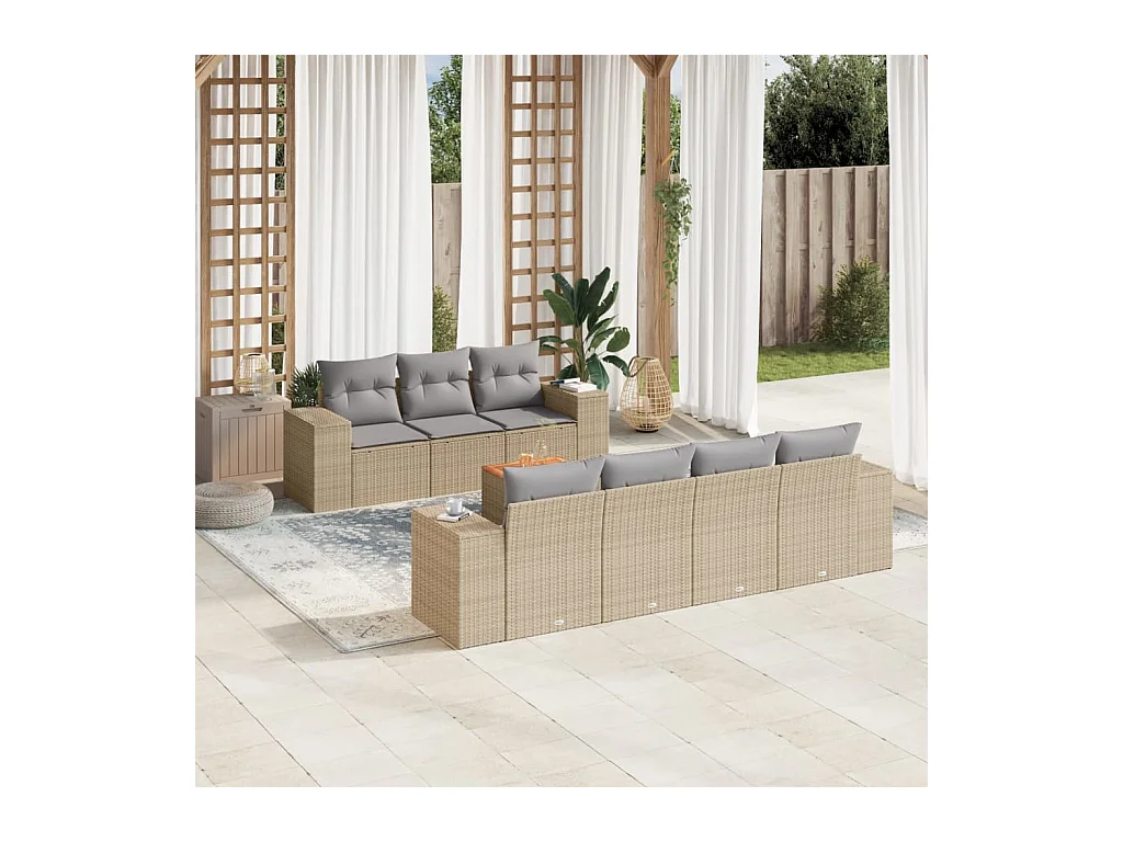 Salon de jardin avec coussins 8 pièces beige résine tressée
