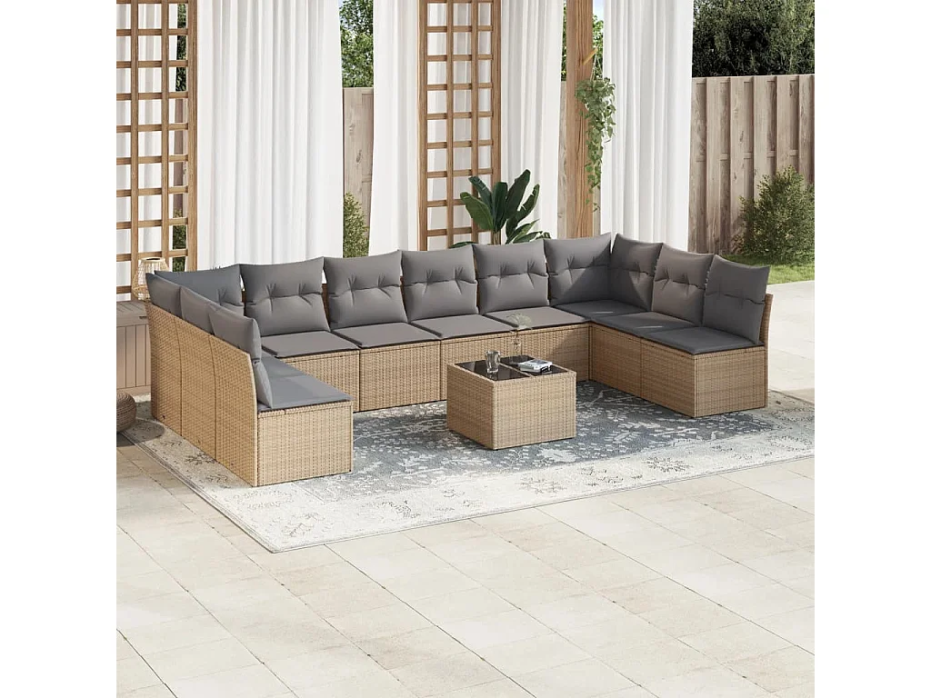 Set de sofás de jardín 11piezas con cojines ratán sintético beige