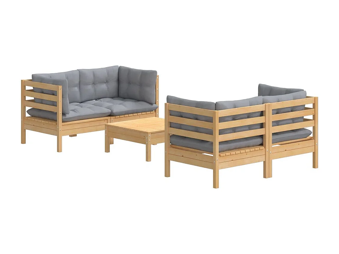 Salon de jardin 5 pièces avec coussins gris Bois de pin