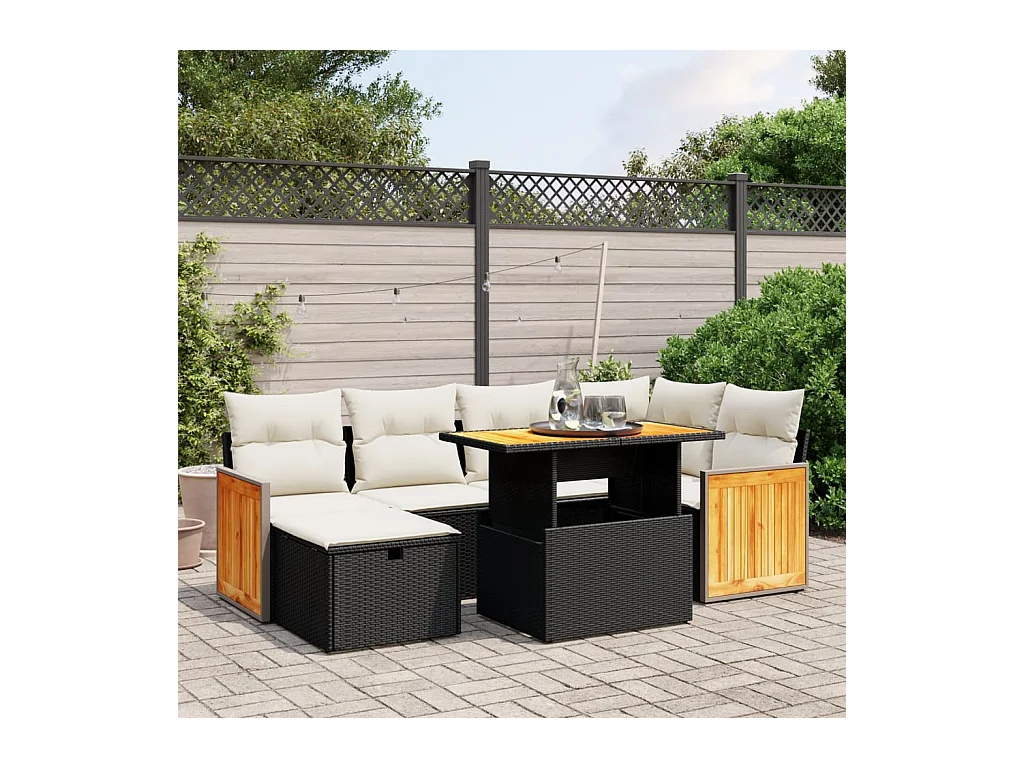 Salon de jardin 7 pièces avec coussins noir résine tressée