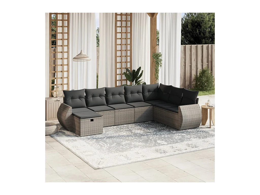 Salon de jardin 8 pièces avec coussins gris résine tressée