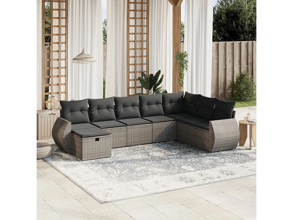 8-delige Loungeset met kussens poly rattan grijs