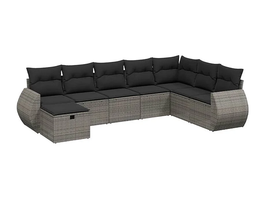 8-delige Loungeset met kussens poly rattan grijs