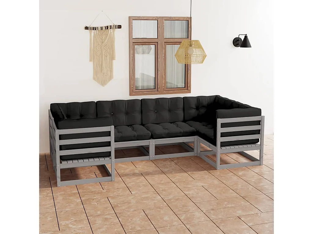 6-delige Loungeset met kussens massief grenenhout grijs