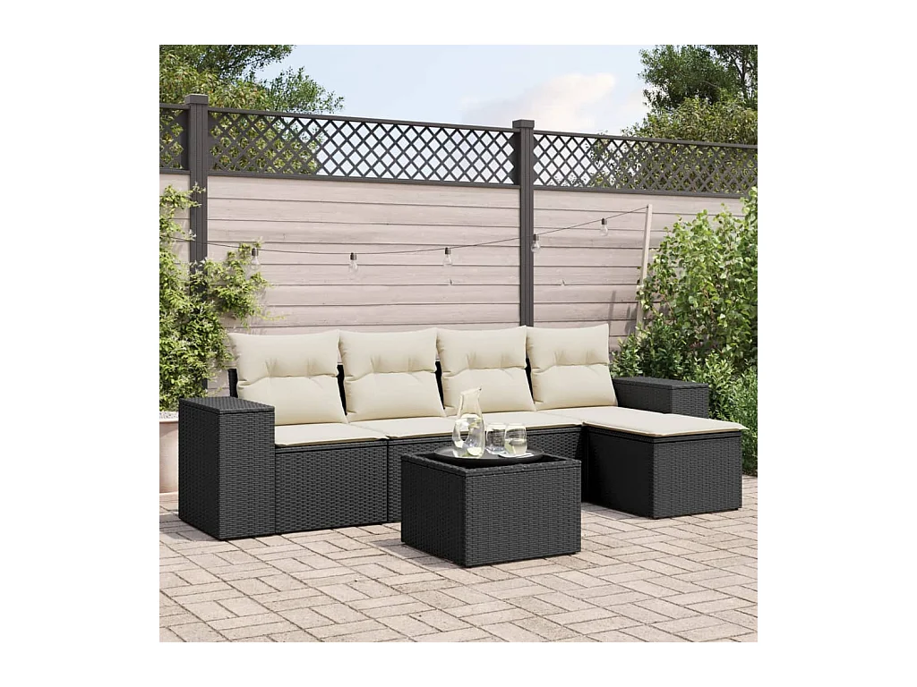 6-delige Loungeset met kussens poly rattan zwart