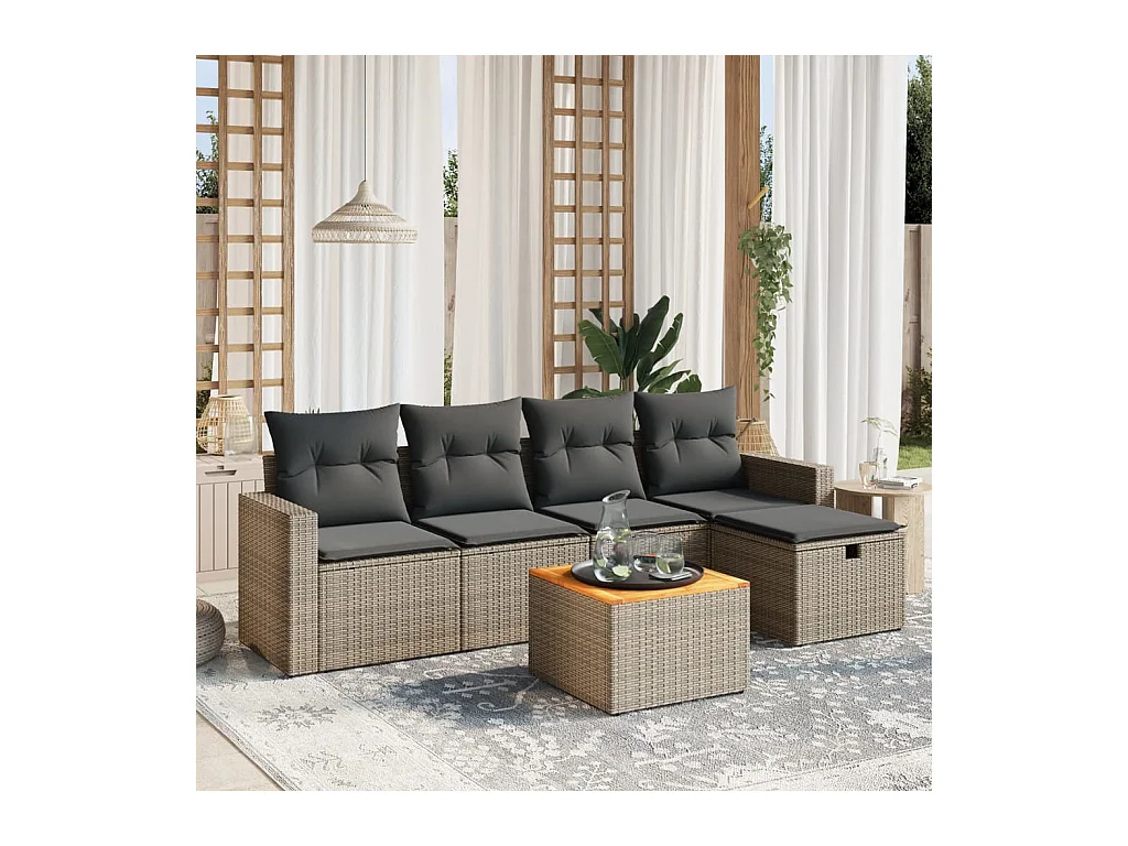 Salon de jardin 6 pièces avec coussins gris résine tressée