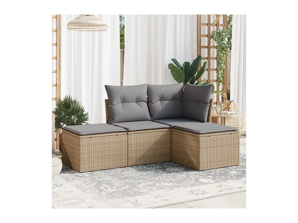 Salon de jardin avec coussins 4 pièces beige résine tressée