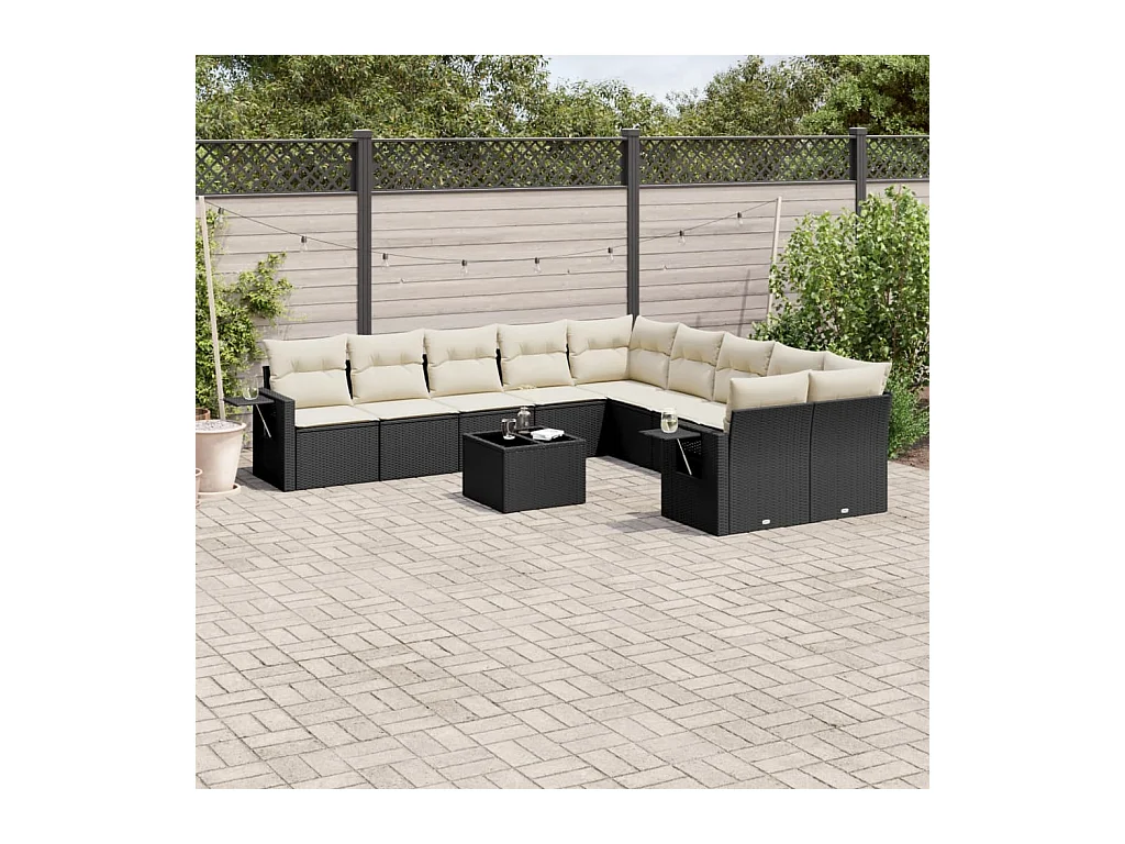 11 peças conjunto sofás de jardim c/ almofadões vime PE preto
