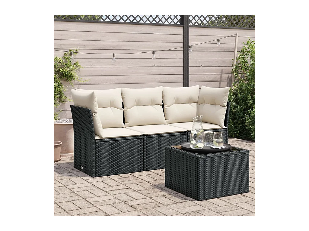 4 peças conjunto de sofás para jardim c/ almofadões vime PE preto