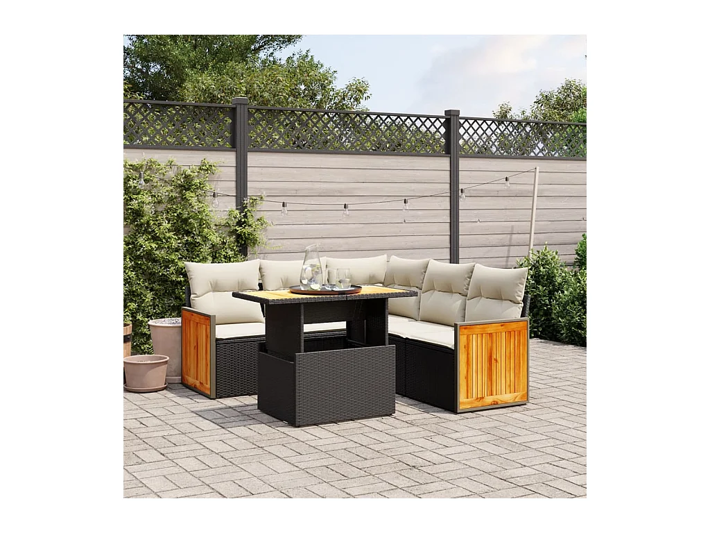 Salon de jardin 6 pièces avec coussins noir résine tressée