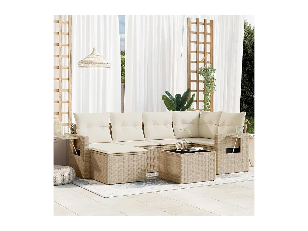 Salon de jardin avec coussins 7 pièces beige résine tressée