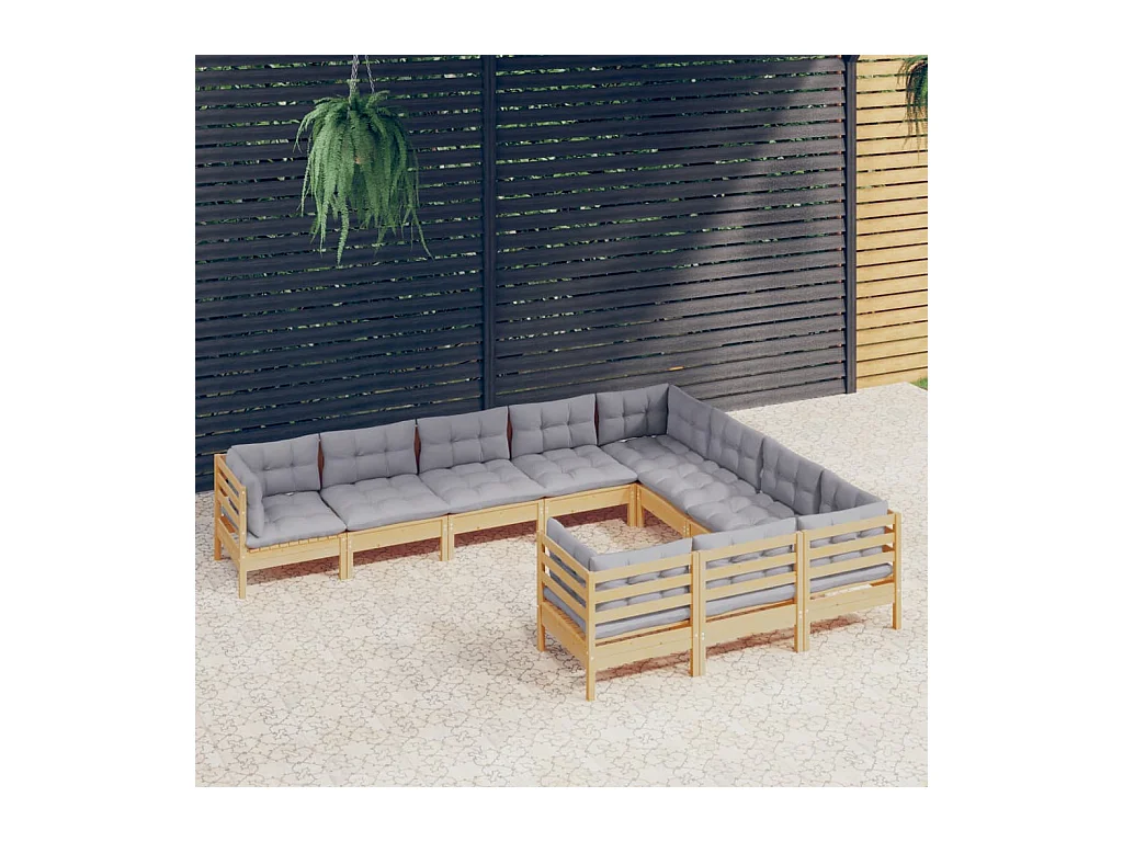 10-delige Loungeset met grijze kussens grenenhout