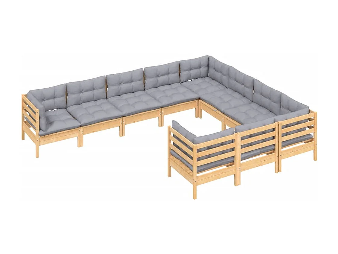 Salon de jardin 10 pièces avec coussins gris bois de pin