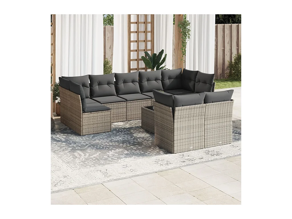 Salon de jardin avec coussins 10 pièces gris résine tressée