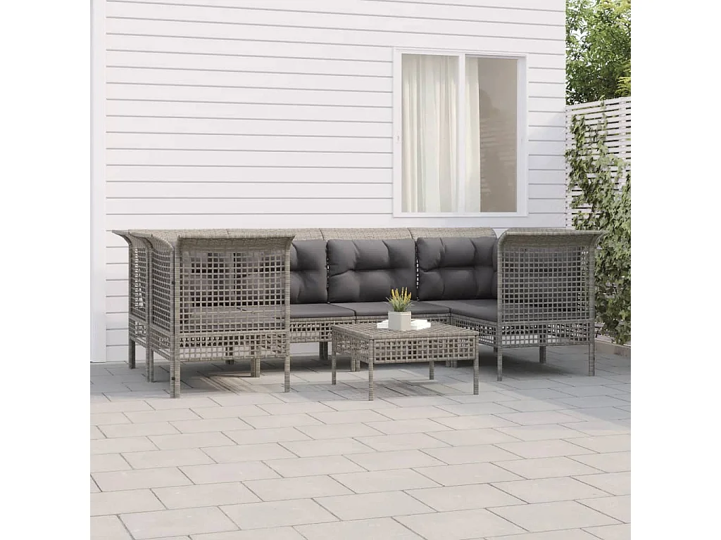 Salon de jardin 7 pièces avec coussins Gris Résine tressée