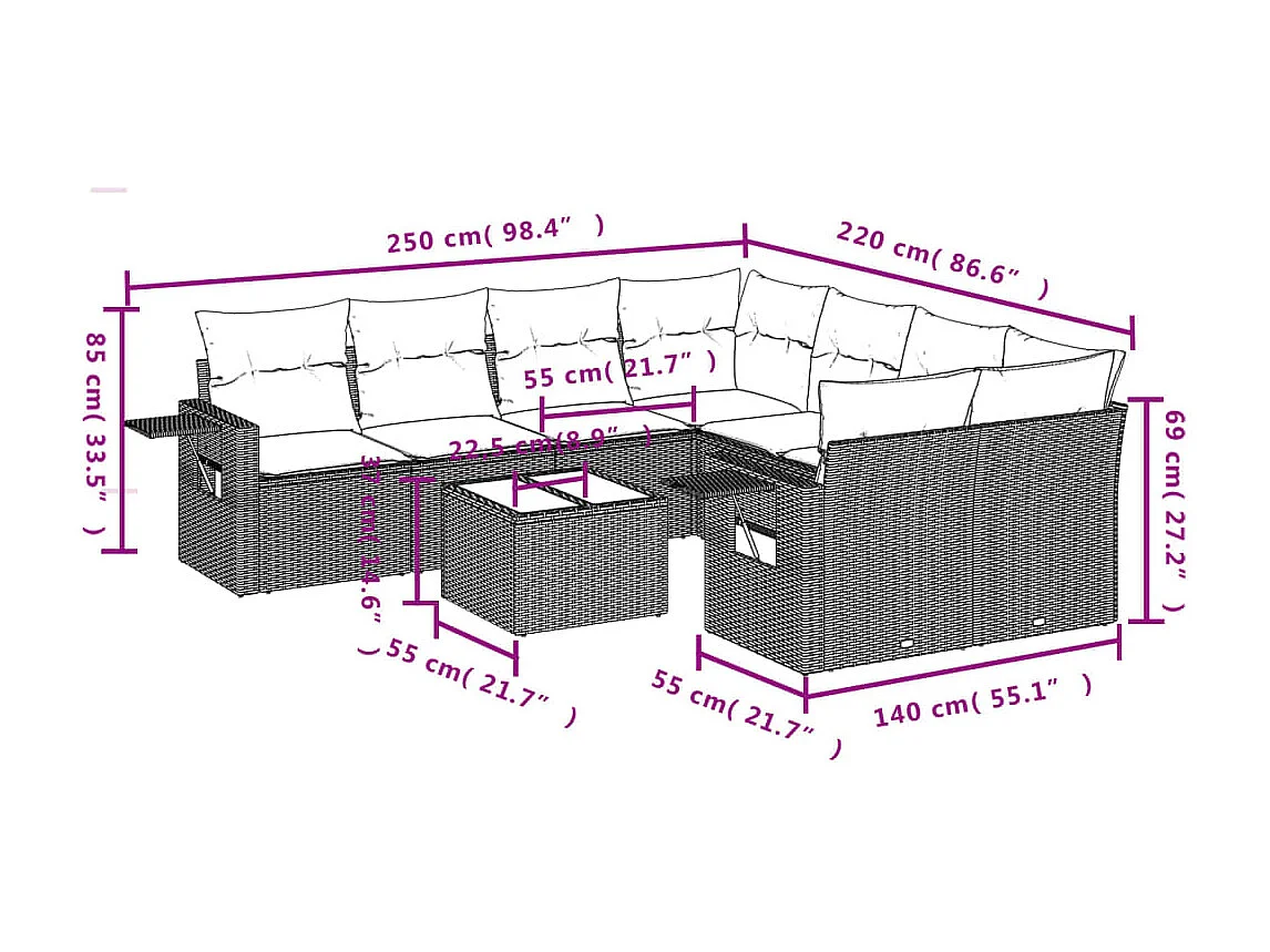 Set de sofás de jardín 9 piezas con cojines ratán sintético beige