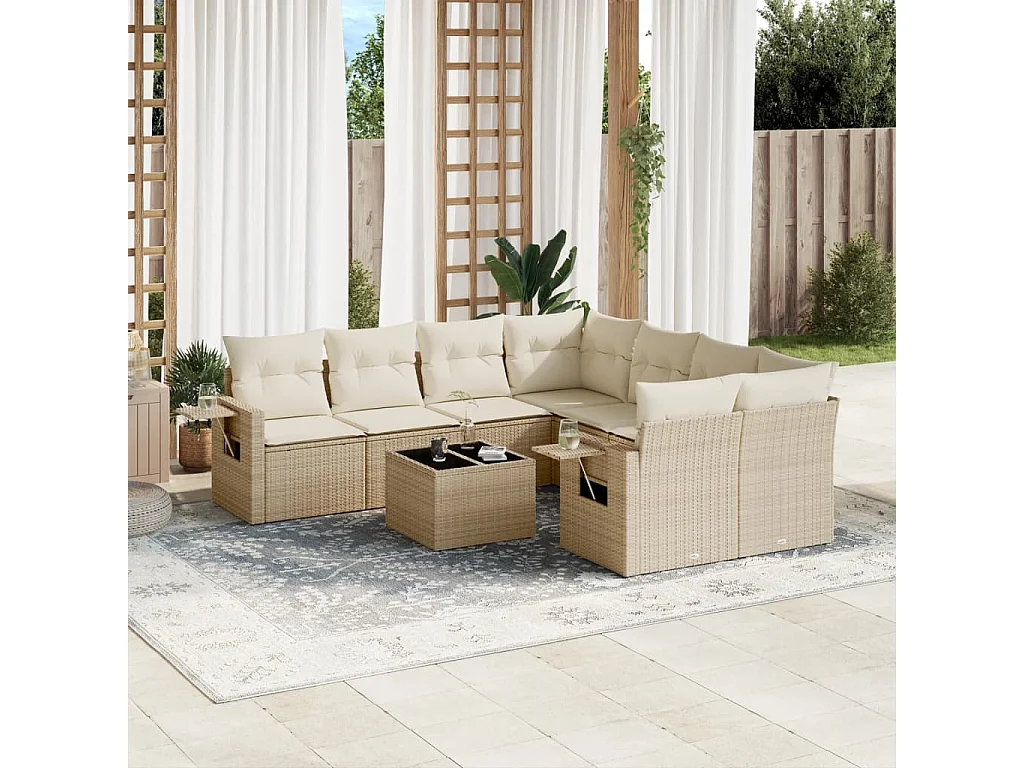 Set de sofás de jardín 9 piezas con cojines ratán sintético beige