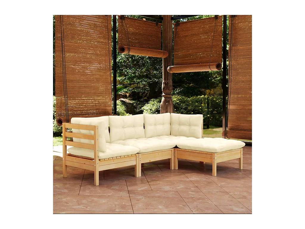 Salon de jardin 4 pièces avec coussins crème Bois de pin