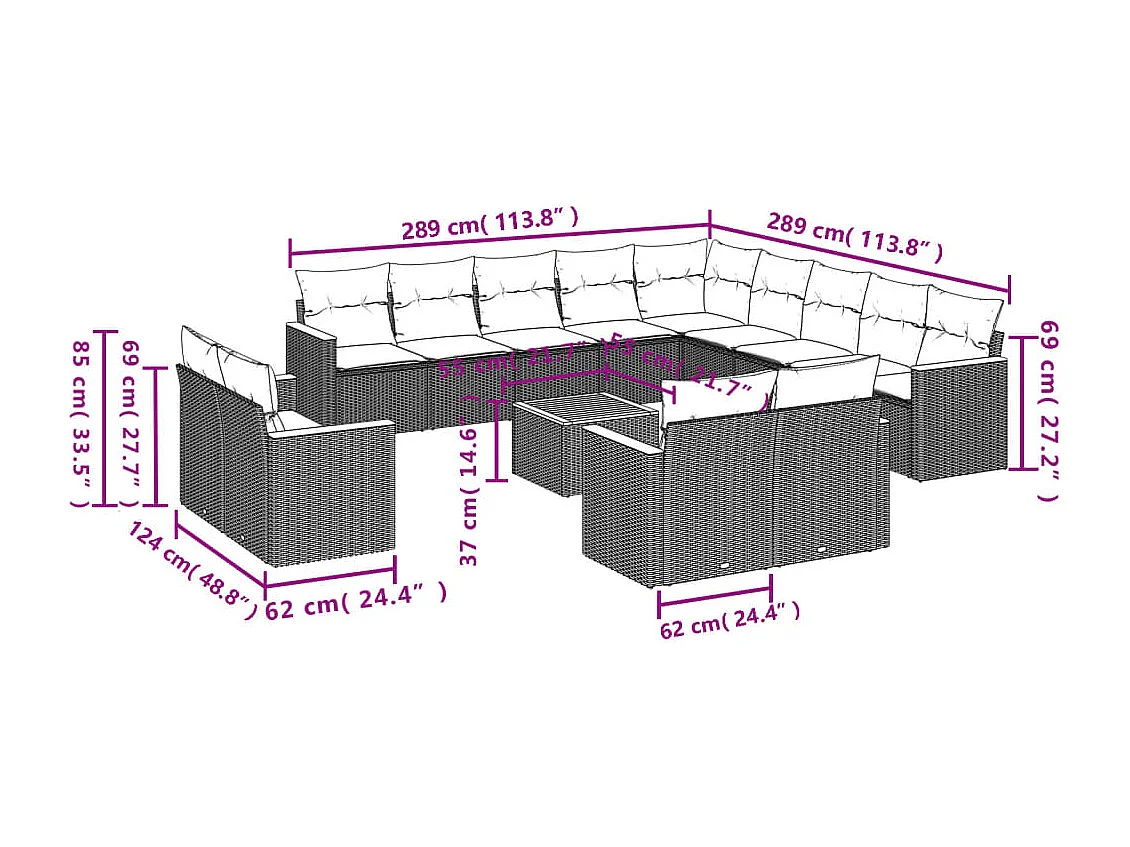 14-delige Loungeset met kussens poly rattan beige
