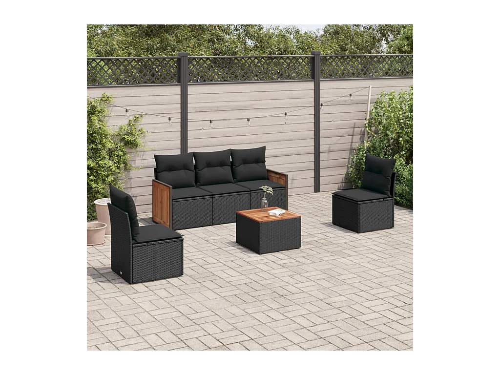 Salon de jardin 6 pièces avec coussins noir résine tressée