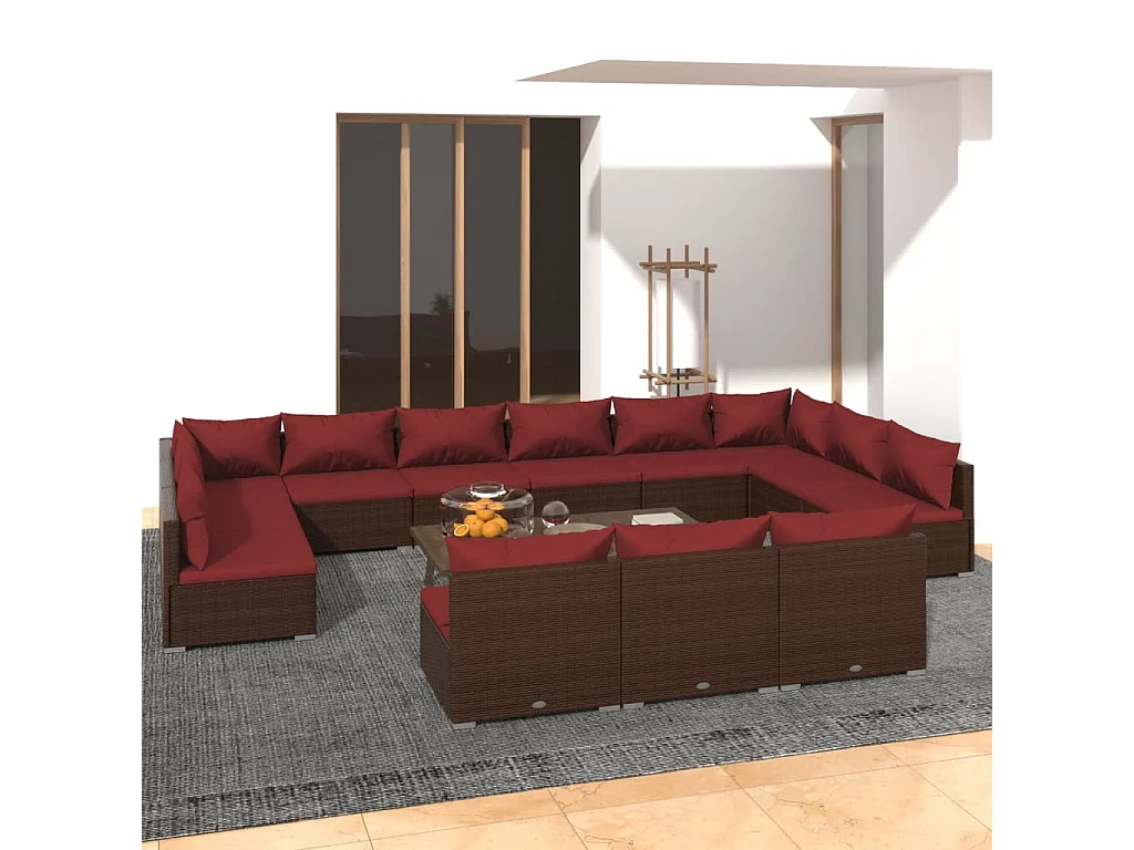 Set muebles de jardín 13 piezas cojines ratán sintético marrón