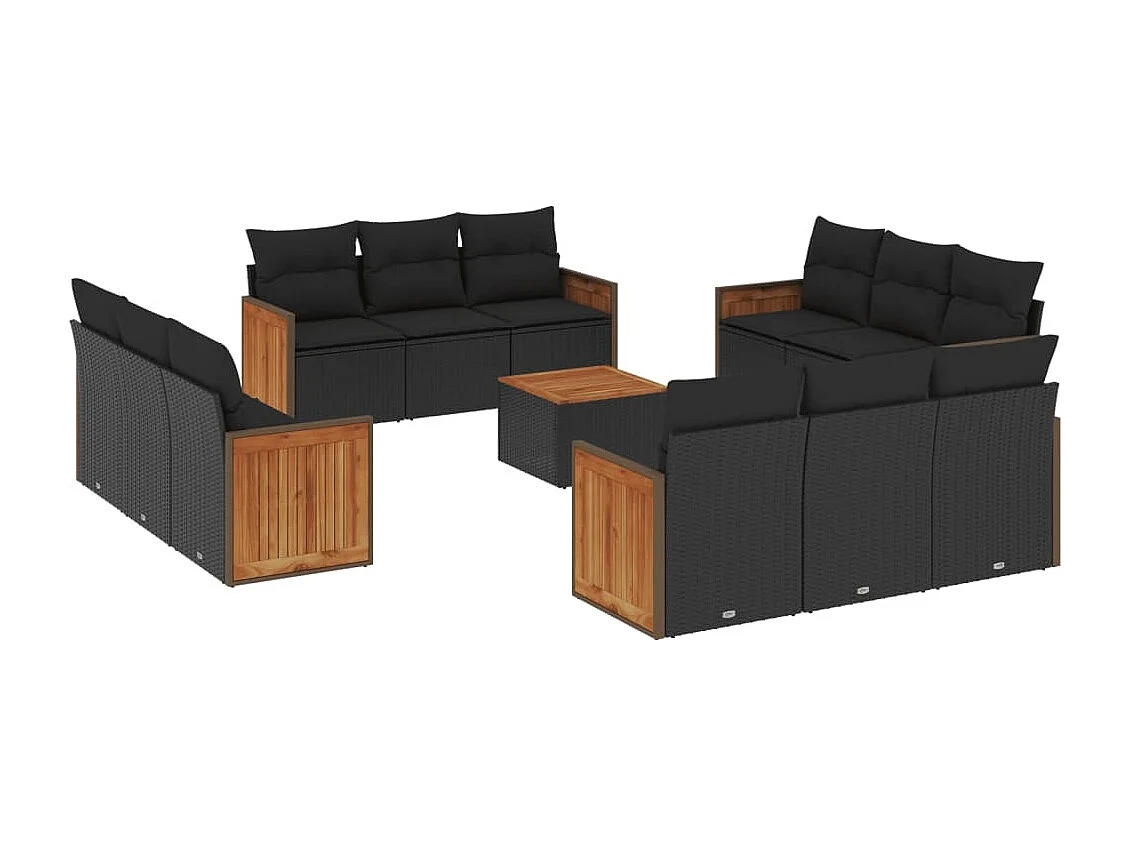 13 peças conjunto de sofás de jardim com almofadões vime PE preto