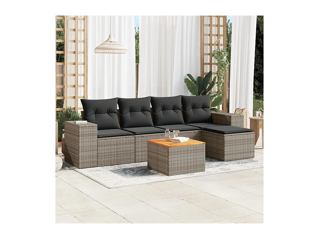 Salon de jardin 6 pièces avec coussins gris résine tressée